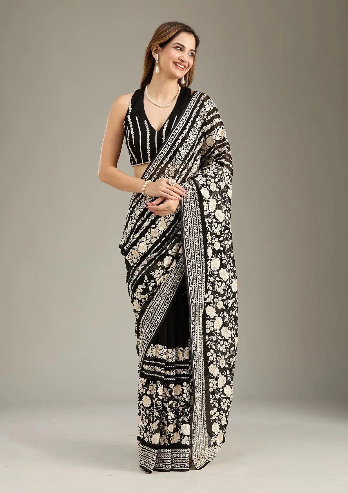 Black Floral Embroidered Saree My Store