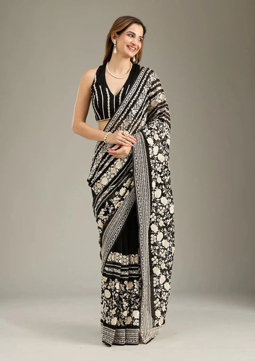 Black Floral Embroidered Saree My Store