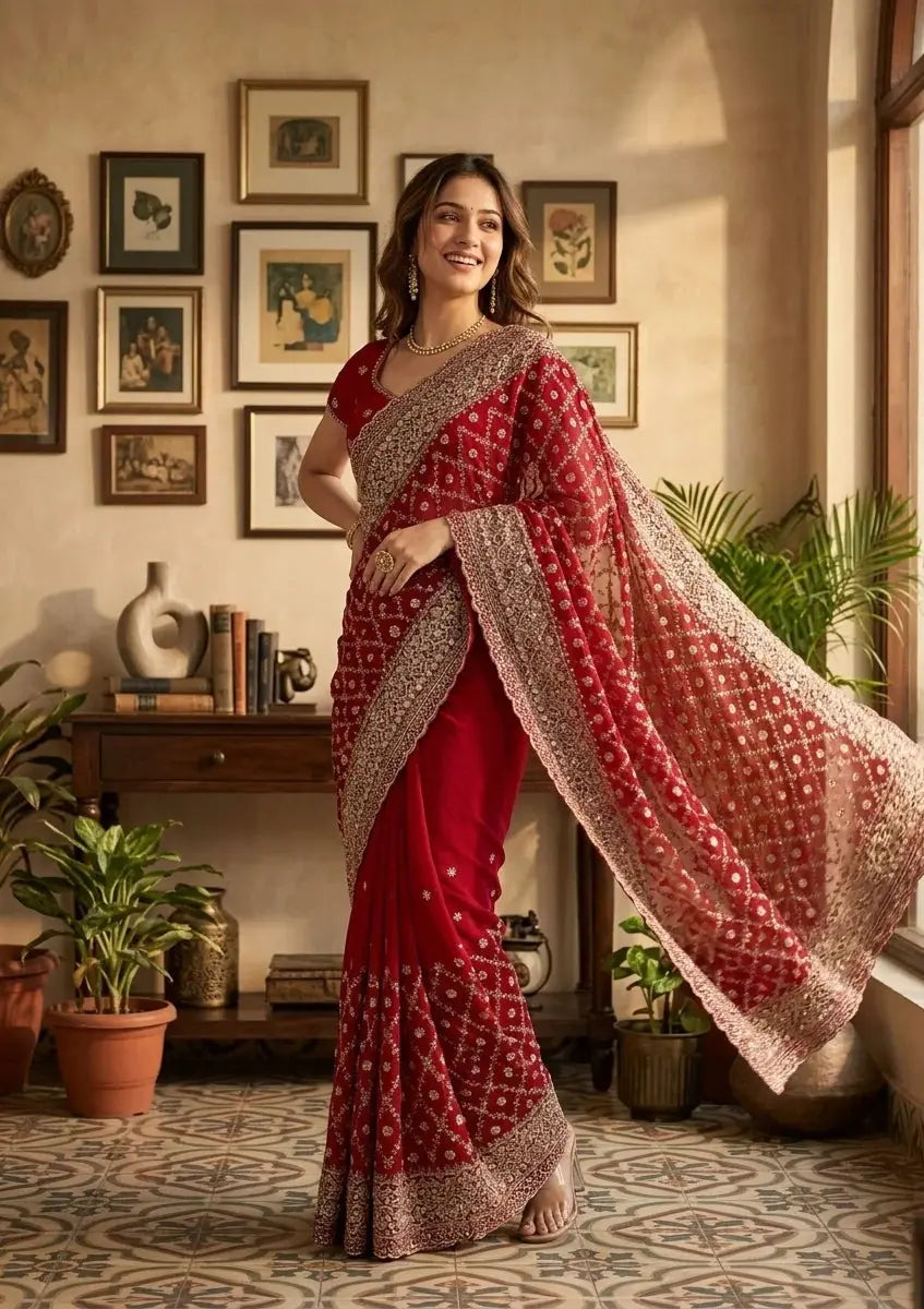Red Bandhani Saree My Store