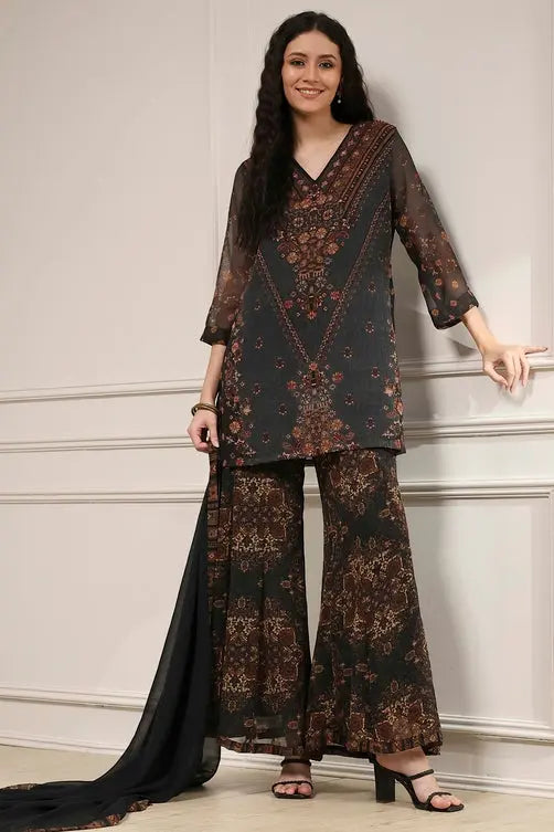 Black Floral Printed Sharara Suit My Store