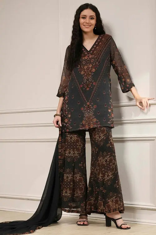Black Floral Printed Sharara Suit My Store